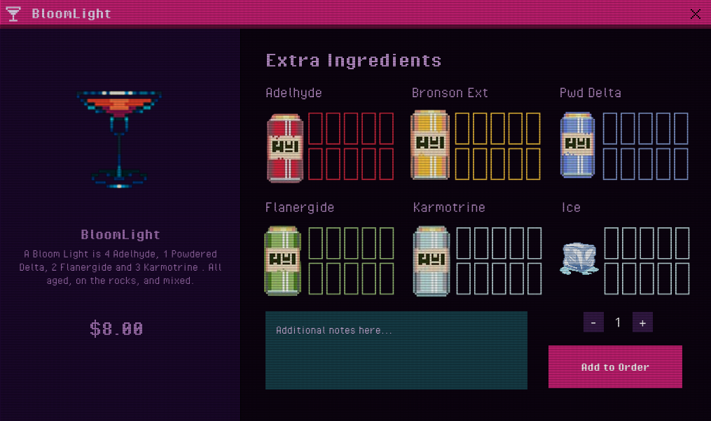 A popup window that displays a graphic of the BloomLight drink, along with various drink customization options.